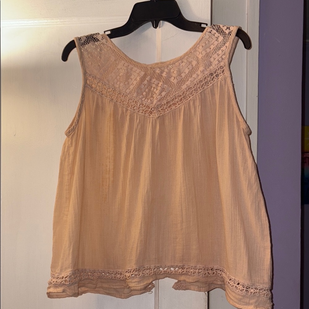 Chic Tan Blouse with Elegant Lace Accents